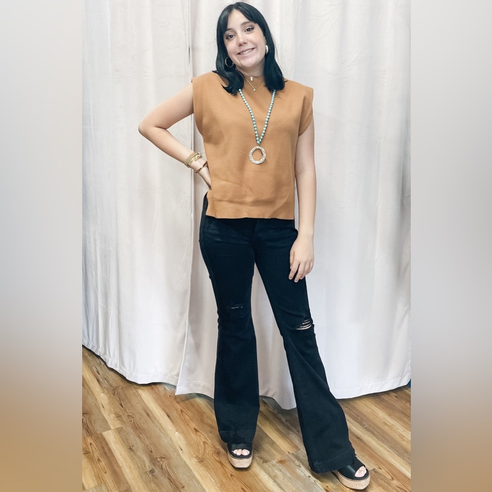 Entro camel solid knit pullover top with split st… - image 1